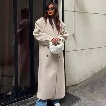 Длинные пальто из цельной шерсти с лацканами для женщин, свободные двубортные с длинными рукавами и подплечниками, пальто 2024 года, новая мода, офисная женская верхняя одежда S бежевый