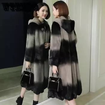 Длинные пальто из искусственного меха, большие размеры, плюшевая куртка с капюшоном, женская зимняя стильная теплая куртка в Корейском стиле, уличная одежда XXXXL дубильная кора