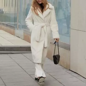 Длинные пальто из искусственного меха с лацканами в стиле ретро с поясом, женские свободные белые однобортные плюшевые пальто, женская зимняя толстая теплая универсальная верхняя одежда XS белый