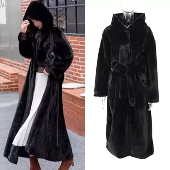 Длинные пальто из искусственного меха, женские толстовки с капюшоном, большие размеры, с длинным рукавом, на пуговицах, элегантная женская куртка с поясом, зимняя теплая женская новая мода M чёрный