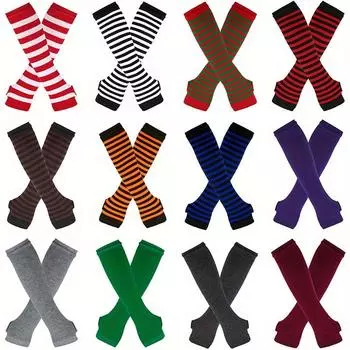 Длинные перчатки на руку, классические розовые, черно-белые, полосатые, без пальцев, локтевые перчатки, утепленный вязаный браслет