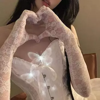 Длинные перчатки с сетчатым бантом для женщин, кружевные перчатки без пальцев, варежки, кавайные белые перчатки с защитой от ультрафиолета чёрный