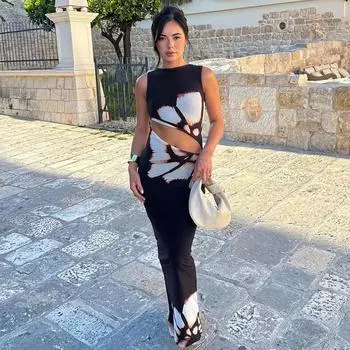 Длинные платья без рукавов с принтом и принтом, женские летние 2024, тонкие платья с высокой талией и разрезом, женские модные вечерние платья для отпуска, элегантное вечернее платье Femme S чёрный