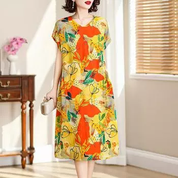 Длинные платья больших размеров с винтажным принтом для женщин, элегантное платье с короткими рукавами, свободная летняя одежда XL