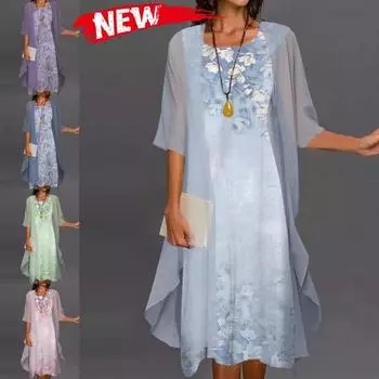 Длинные платья для женщин. Элегантные макси-платья с цветочным принтом. Повседневные вечерние платья без рукавов с круглым вырезом. Модные комплекты из 2 предметов. 4XL синий