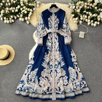 Длинные платья для женщин с рукавами-фонариками и принтом, однобортное платье с пуговицами, платье-трапеция во французском стиле с поясом в стиле ретро XXL белый