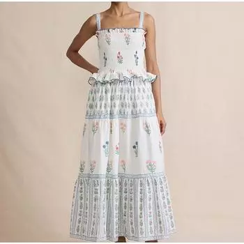 Длинные платья с пышными подтяжками и волнистым краем, летние платья с принтом и поясом для отдыха, без рукавов, с плиссированным подолом S белый
