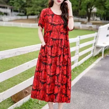 Длинные платья с винтажным принтом для женщин, повседневное летнее платье больших размеров с короткими рукавами, элегантная женская одежда среднего возраста XL
