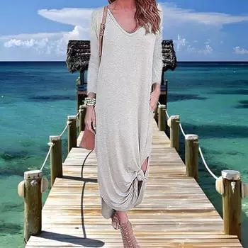 Длинные платья во французском стиле для женщин с V-образным вырезом и длинными рукавами, разрезом и карманом S синий