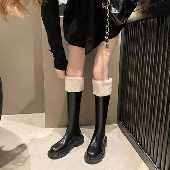 Длинные плюшевые рыцарские сапоги с грубым каблуком и молнией сзади, женские, осень 2024 года, новые корейские сапоги с круглым носком и тонкими фланцами 35
