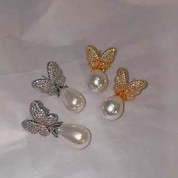 Длинные простые барочные жемчужины с бабочкой и бриллиантами, ювелирные изделия высокого класса золотой