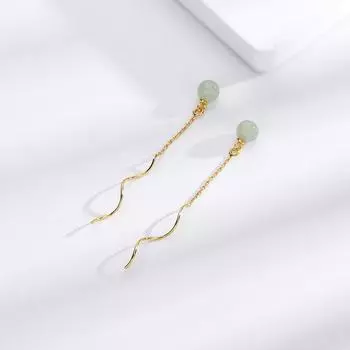 Длинные простые серьги из нефрита Хотан, женские серьги-волны, серьги в стиле Республики Китай с круглыми бусинами из нефрита copper