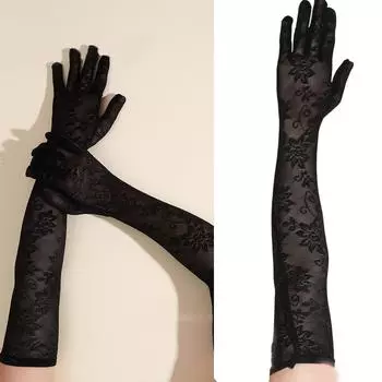Длинные прозрачные перчатки для женщин, сексуальные кружевные цветочные церемониальные перчатки, перчатки до локтя, вечерние танцевальные вечерние наряды с рукавами чёрный