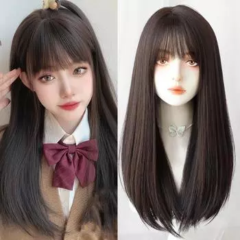 Длинные прямые черные синтетические парики Bybrana для косплея с челкой для женщин, афроамериканская Лолита, повседневные вечерние, термостойкое волокно