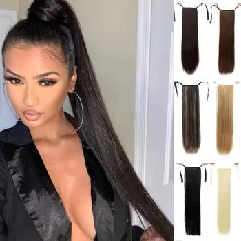 Длинные прямые хвосты для женщин, термостойкие синтетические шнурки, искусственные волосы, наращивание хвоста