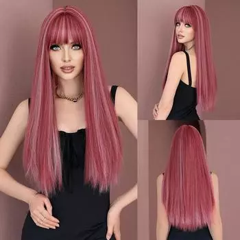 Длинные прямые розовые парики с челкой для женщин, подчеркивает белый популярный сладкий синтетический парик для повседневного косплея MW9100-1