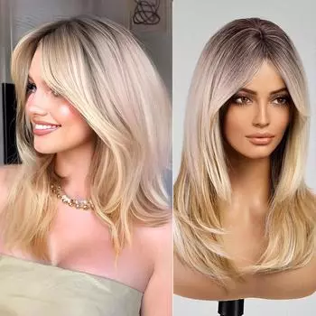 Длинные прямые синтетические парики Ombre Brown Blonde с челкой для косплея для женщин, натуральные искусственные волосы высокой температуры