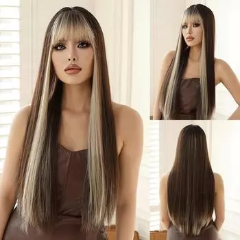 Длинные прямые темно-коричневые парики со светлой челкой, натуральные синтетические парики для женщин и девочек, термостойкие волосы для повседневного ношения, косплей