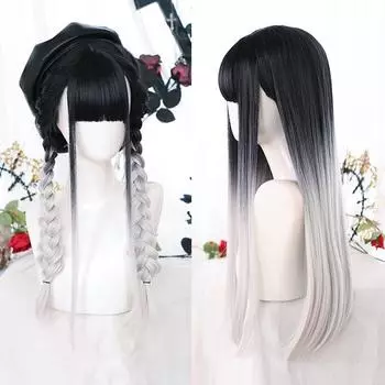 Длинные прямые волосы Bybrana, черно-белый парик градиентного цвета с челкой, парик из синтетических волос, термостойкий парик