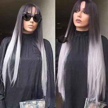 Длинные прямые волосы парика Термостойкие черные парики для вечеринок Ombre Grey wig