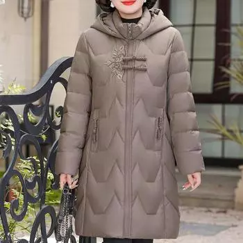 Длинные пуховые пальто для женщин среднего возраста, зимние винтажные вышитые Prakas, элегантные свободные толстые теплые пуховики, женская верхняя одежда XL вино красного