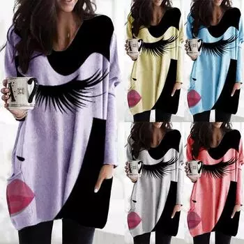 Длинные ресницы с принтом, длинными рукавами, V-образным вырезом, длинные футболки, топы, повседневные мешковатые туники с асимметричным подолом для женщин S серый