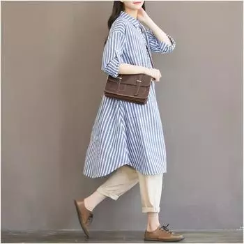 Длинные рубашки больших размеров, женская полосатая рубашка в корейском стиле, элегантное платье-рубашка для беременных M синий
