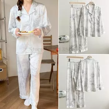 Длинные рукава атласная пижама весна осень интимная одежда для сна сексуальный принт лацкан кардиган брюки ночная одежда комплект из двух предметов домашняя одежда M