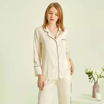 Длинные рукава атласный кардиган брюки пижамы свободные повседневные домашняя одежда пижамы женские однотонные пижамы M