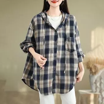 Длинные рукава больших размеров хлопковые винтажные клетчатые рубашки с капюшоном и блузки для блузки Повседневные свободные топы весна-осень женские рубашки на пуговицах M синий