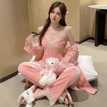 Длинные рукава брюки домашнее платье пижама для женщин три части пижамный комплект женский весна осень зима милый кружевной кардиган с застежкой M белый