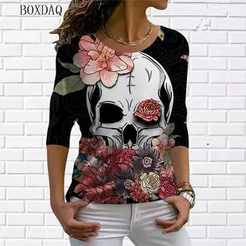 Длинные рукава Черепа и цветочный 3D принт Женские уличные хип-хоп футболки весна осень свободные повседневные топы с круглым вырезом большого размера S