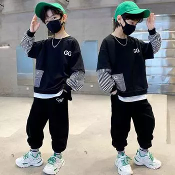 Длинные рукава и брюки Весенние и осенние костюмы с длинными рукавами Костюмы-свитера для мальчиков Костюмы для больших детей 150 чёрный