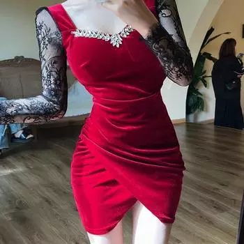 Длинные рукава из золотого бархата, тяжелая промышленность, гвоздь, инкрустированный бисером, бриллиант, утягивающая юбка нерегулярной формы, стильное ежегодное вечернее платье S бордовый