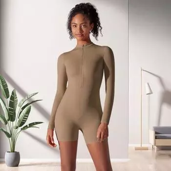 Длинные рукава Йога Боди Шорты Йога Комбинезон Высокоэластичный Женский Спортивный Комбинезон Однотонный Молния Цельный Спортивный Костюм S белый