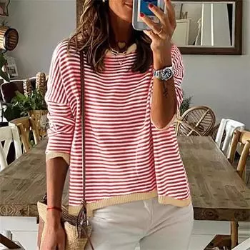 Длинные рукава Контрастный цвет Круглый вырез Полосатый свитер Женская одежда Повседневный S