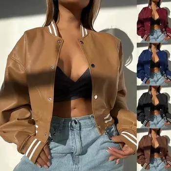 Длинные рукава мотоциклетная модная куртка из искусственной кожи маленькое пальто S хаки