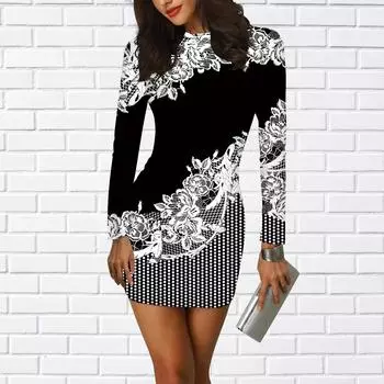 Длинные рукава облегающее платье с 3D-точечным принтом и цветочным принтом женские мини-платья осенние облегающие эластичные вечерние платья XS белый