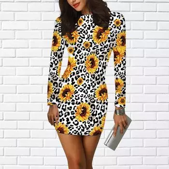 Длинные рукава облегающее платье с принтом 3D желтого подсолнуха женские мини-платья осенние облегающие эластичные вечерние платья XS белый