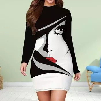 Длинные рукава облегающее платье с принтом 3D Face Lucky Flower женские мини-платья осенние облегающие эластичные вечерние платья XS синий