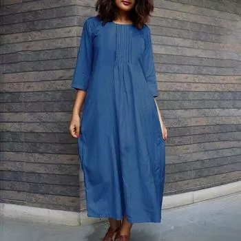 Длинные рукава, омолаживающее модное повседневное платье с круглым вырезом и карманами S чёрный