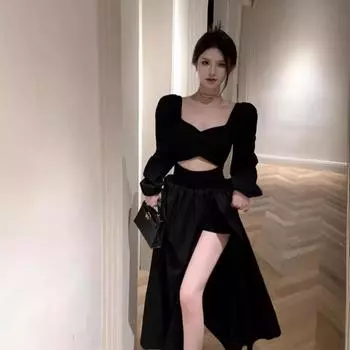 Длинные рукава платья женская одежда платье сексуальное макси Mujer шикарная осень французская уличная одежда XXL чёрный