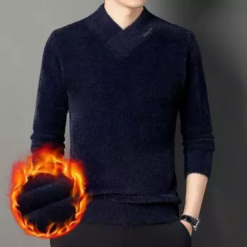 Длинные рукава плюс бархат мужской трикотажный молодежный повседневный теплый толстый свитер зимняя трикотажная шерстяная нижняя рубашка M