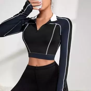 Длинные рукава Спортивные Йога Топы Женские Молнии Спортивные Рубашки Бег Фитнес Рубашки S темно-синий