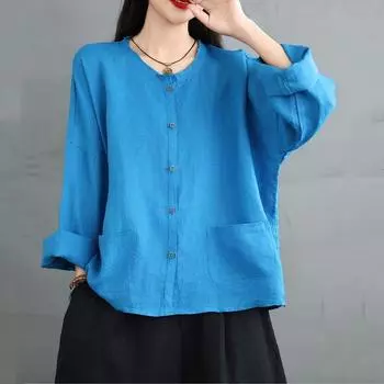Длинные рукава свободного покроя хлопковые льняные винтажные рубашки и блузки для блузок Повседневные свободные топы весна-лето-осень женские рубашки на пуговицах L синий