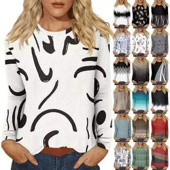 Длинные рукава топы для женщин футболка повседневные принты топы футболка круглый вырез пуловер блузка L чёрный