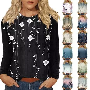 Длинные рукава топы для женщин футболка повседневные принты топы футболка круглый вырез пуловер блузка L чёрный