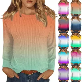 Длинные рукава топы для женщин футболка повседневные принты топы футболка круглый вырез пуловер блузка L чёрный