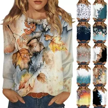 Длинные рукава топы для женщин футболка повседневные принты топы футболка круглый вырез пуловер блузка XXXL