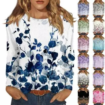 Длинные рукава топы для женщин футболка повседневные принты топы футболка круглый вырез пуловер блузка L бежевый